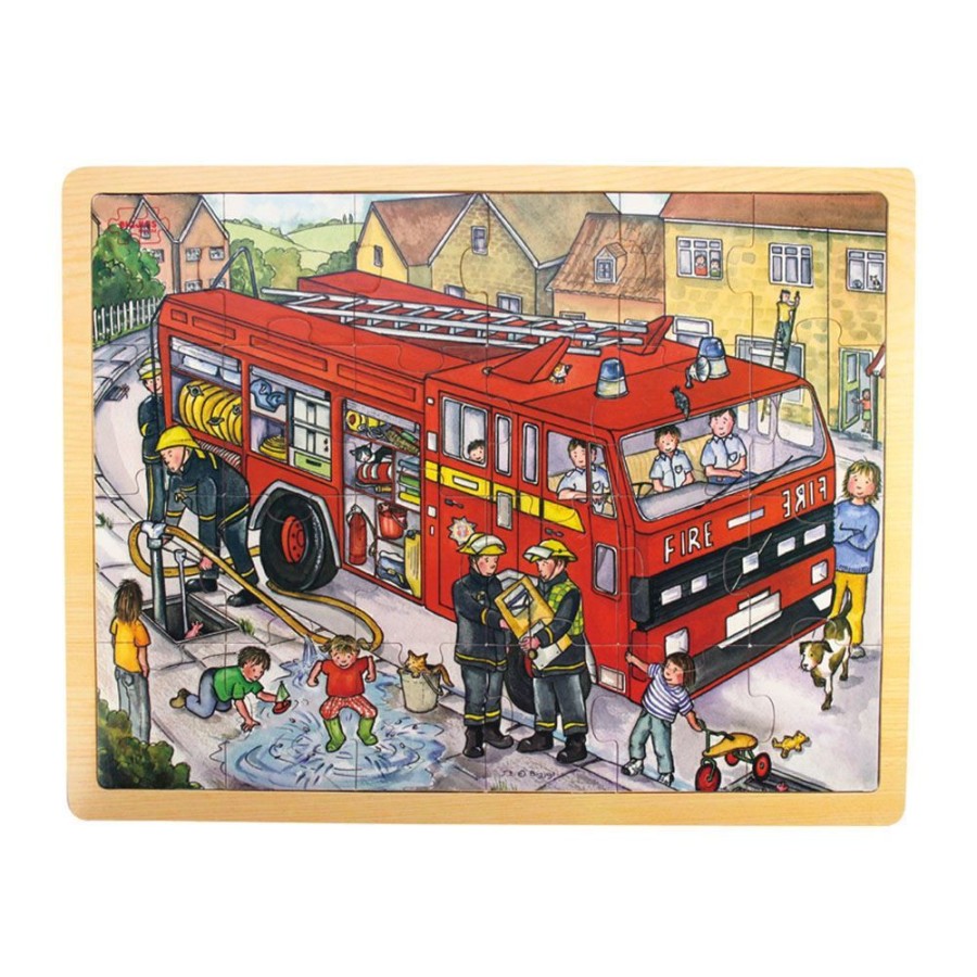 Wooden Toys Little Dreamers | Bigjigs 24 Piece Wooden Tray Jigsaw Puzzle - Fire Engine