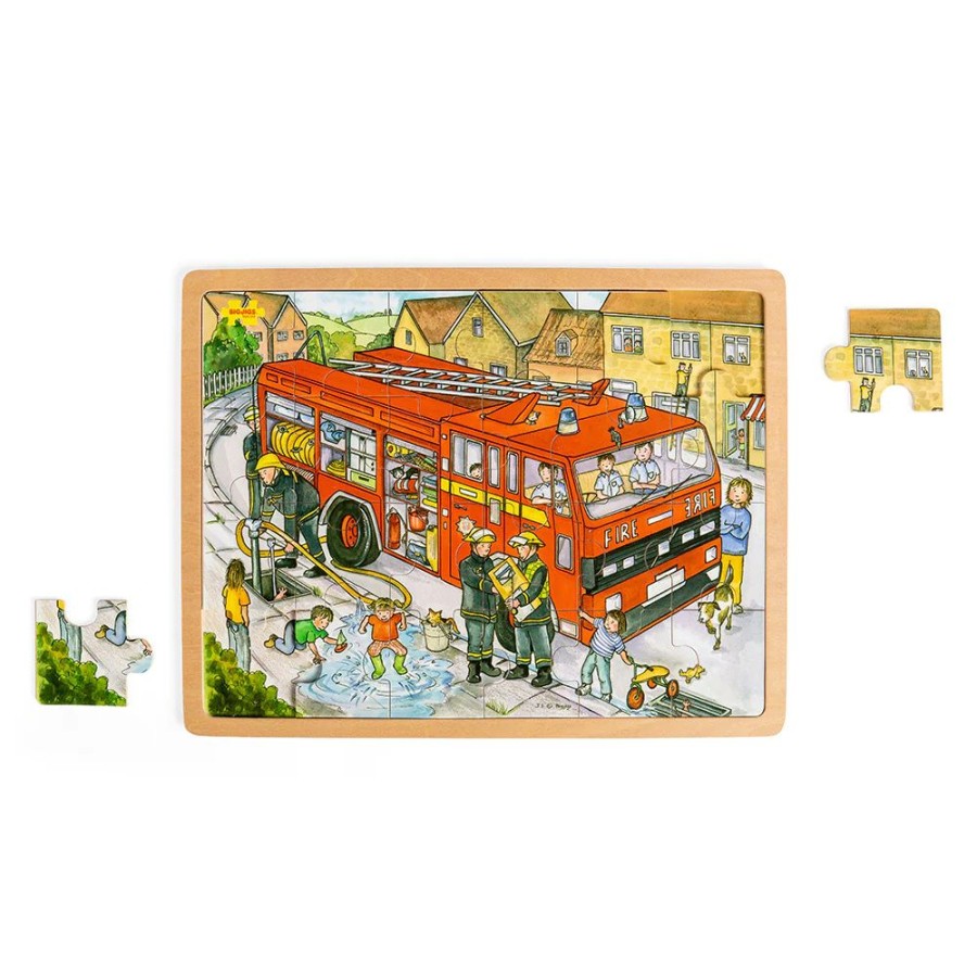 Wooden Toys Little Dreamers | Bigjigs 24 Piece Wooden Tray Jigsaw Puzzle - Fire Engine