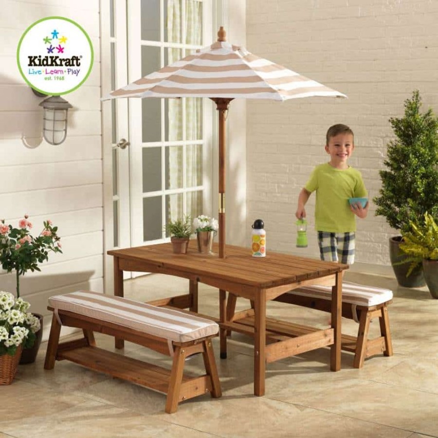 Outdoor Fun Little Dreamers | Kidkraft Outdoor Table & Bench Set With Cushions & Umbrella