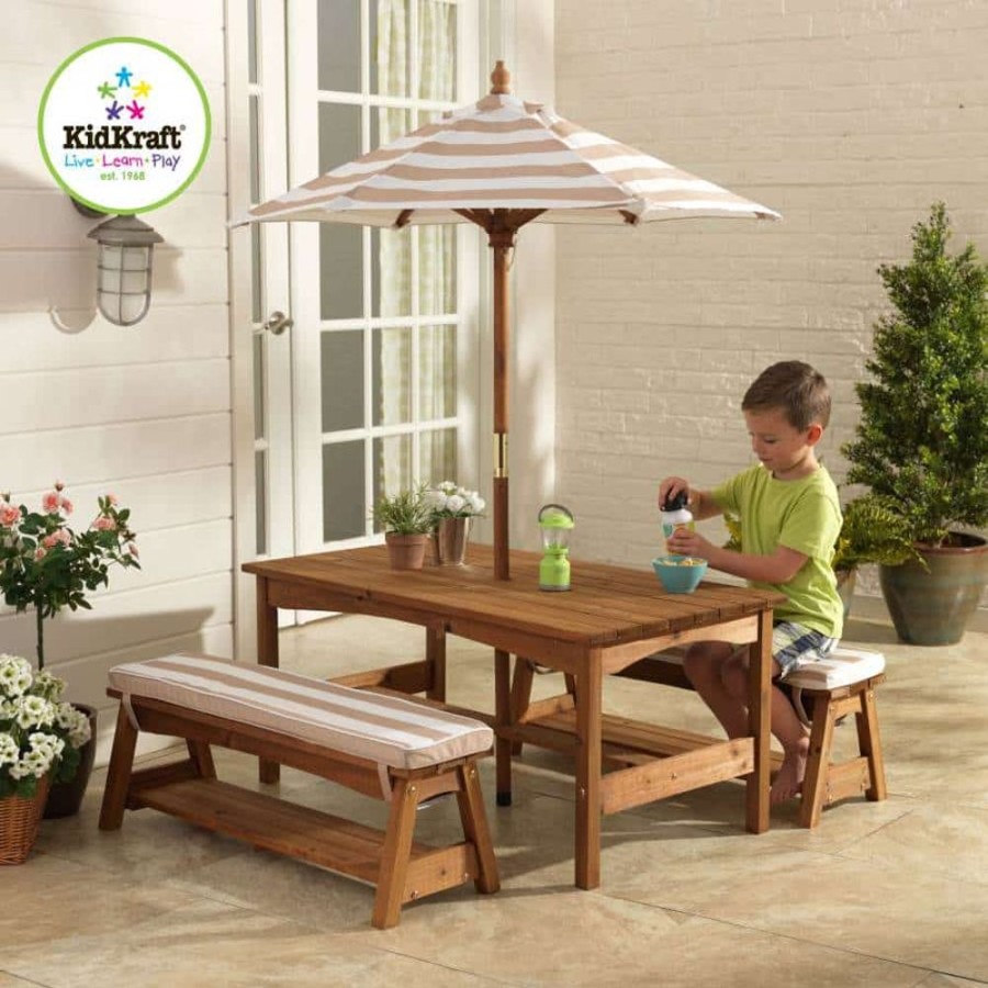 Outdoor Fun Little Dreamers | Kidkraft Outdoor Table & Bench Set With Cushions & Umbrella