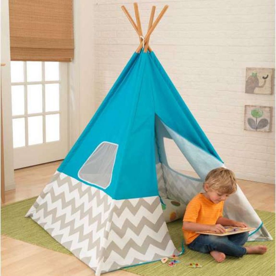 Accessories Little Dreamers | Kidkraft Teepee - Turquoise With Grey & White Chevron