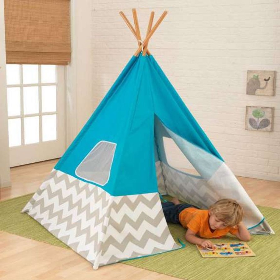 Accessories Little Dreamers | Kidkraft Teepee - Turquoise With Grey & White Chevron