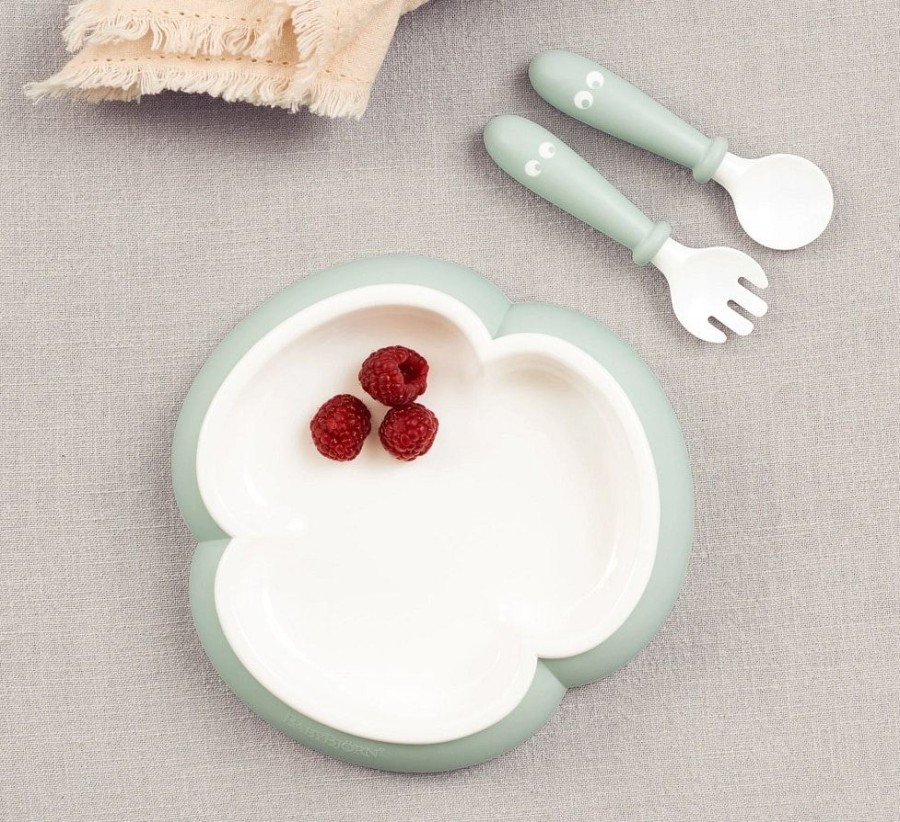 At Home Little Dreamers | Babybjorn Plate Spoon & Fork Set 2 Pk - Powder Green