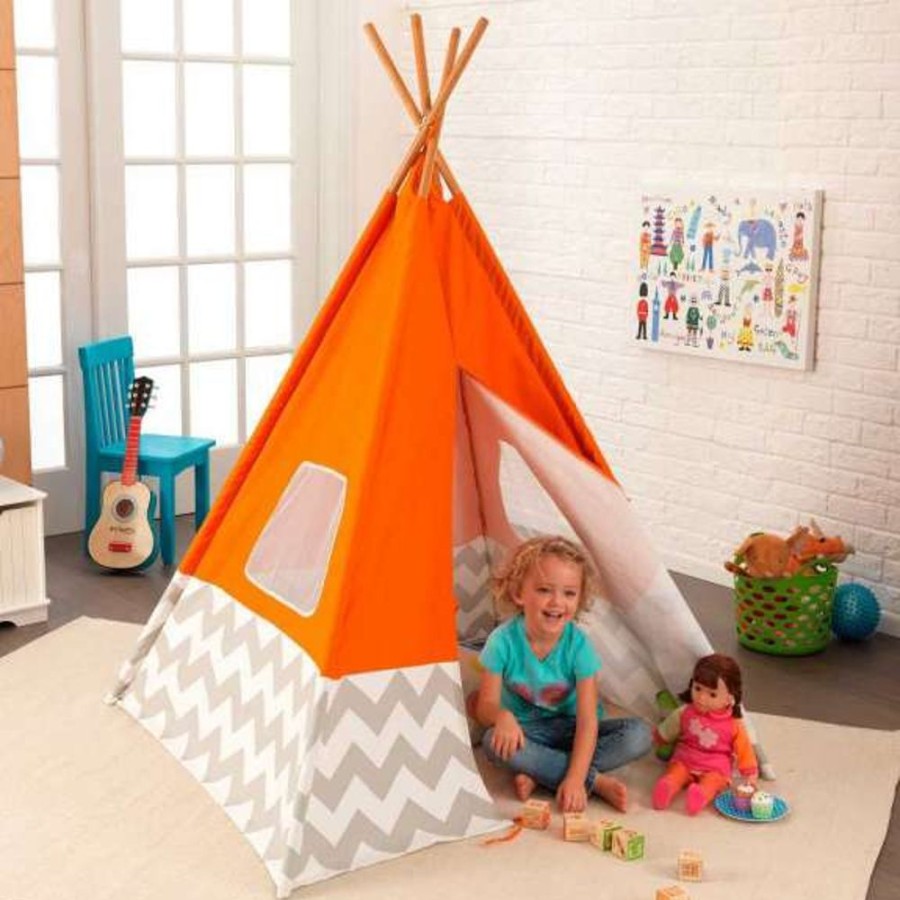 Accessories Little Dreamers | Kidkraft Teepee - Orange With Grey & White Chevron