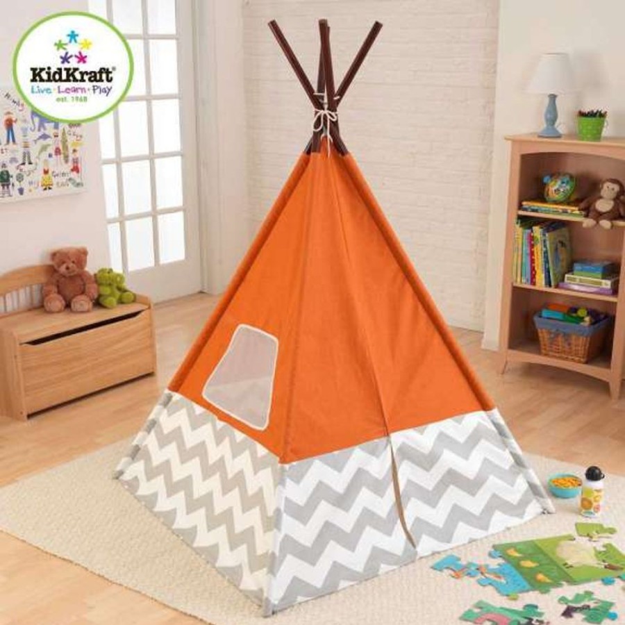 Accessories Little Dreamers | Kidkraft Teepee - Orange With Grey & White Chevron