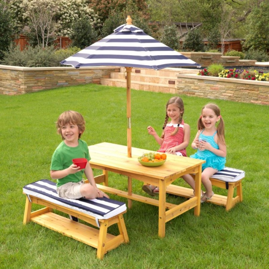 Outdoor Fun Little Dreamers | Kidkraft Outdoor Table And Bench Set With Cushions & Umbrella Navy/White