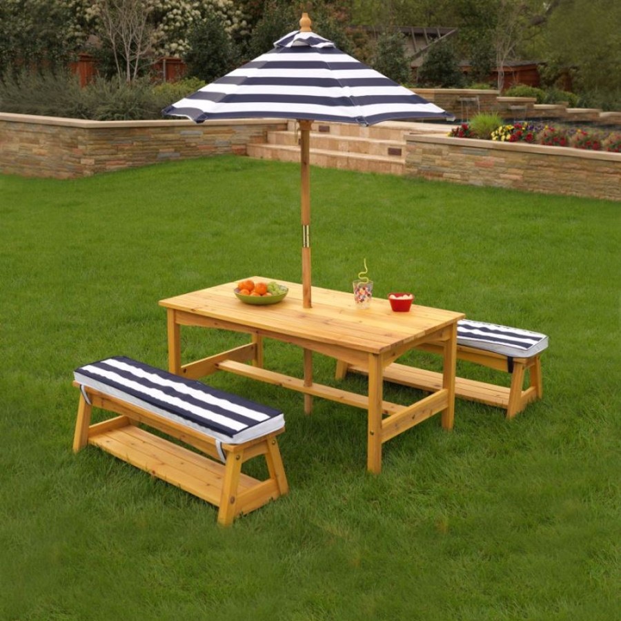 Outdoor Fun Little Dreamers | Kidkraft Outdoor Table And Bench Set With Cushions & Umbrella Navy/White