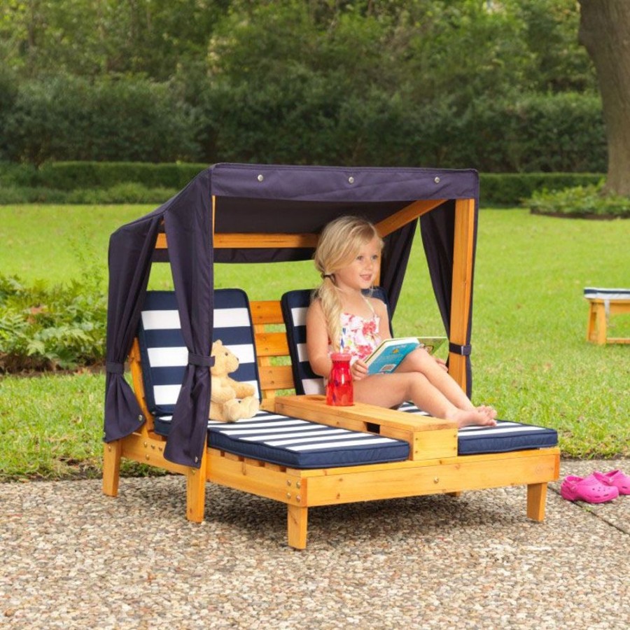 Outdoor Fun Little Dreamers | Kidkraft Double Chaise Lounge With Cup Holders - Honey & Navy