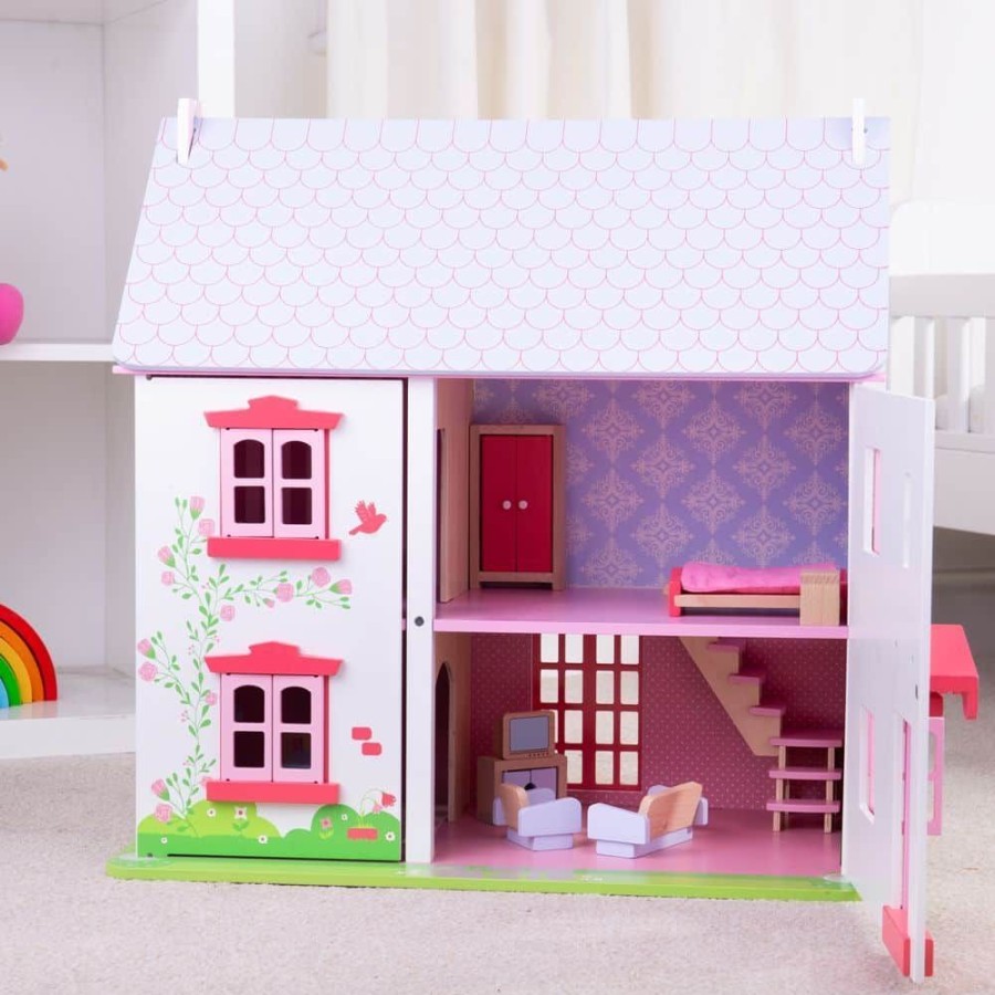 Wooden Toys Little Dreamers | Rose Cottage Doll House Incl. 18 Play Pieces